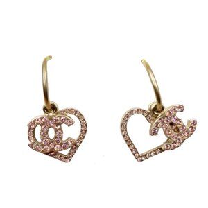 Chanel Gold CC Heart Pink Crystal Overlap Hoop Earrings